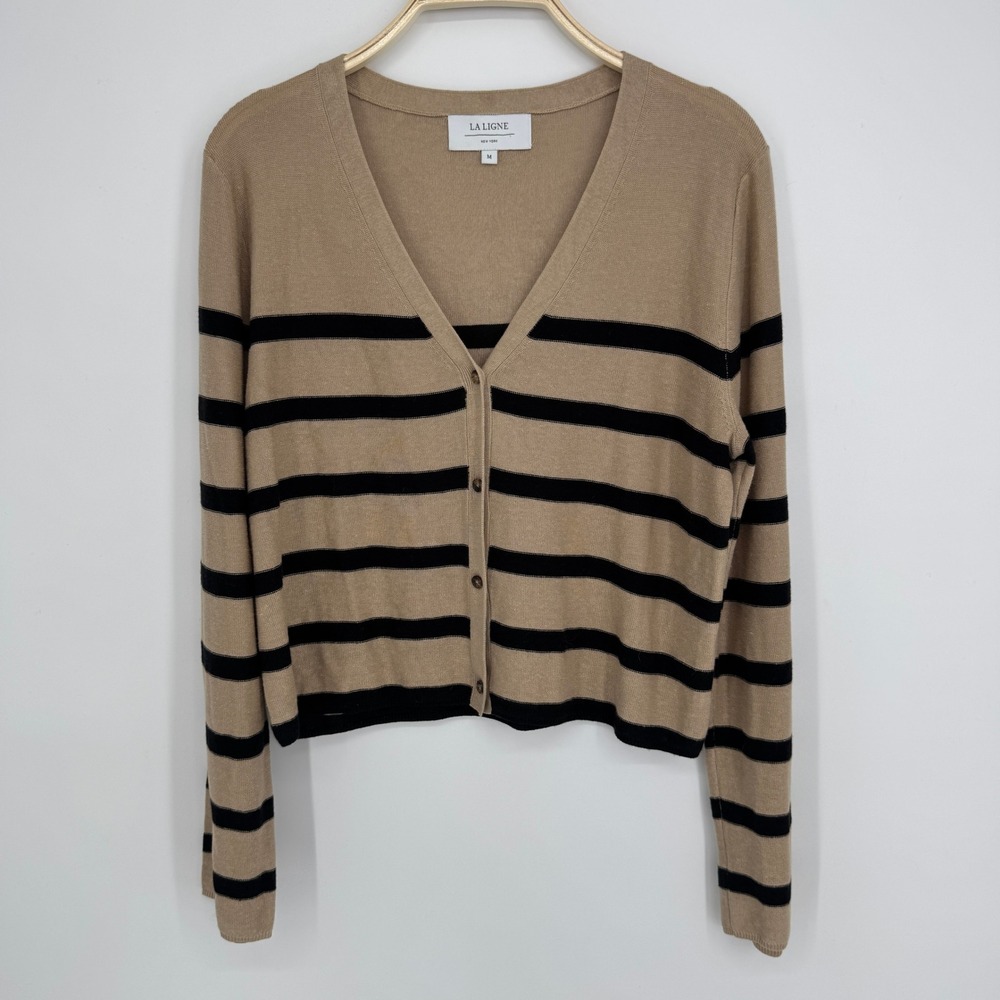 La Ligne Serge Cardigan Medium Tan Black Striped V-Neck Button Front Lightweight - Picture 5 of 13